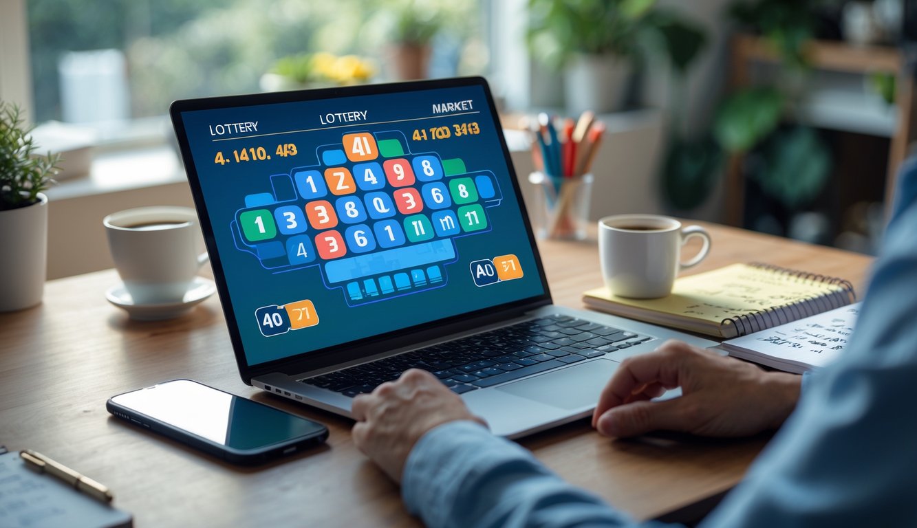 Meja kerja dengan laptop yang menampilkan antarmuka angka, ponsel dengan aplikasi lotere, cangkir kopi, dan buku catatan di ruangan kantor rumah yang terang.