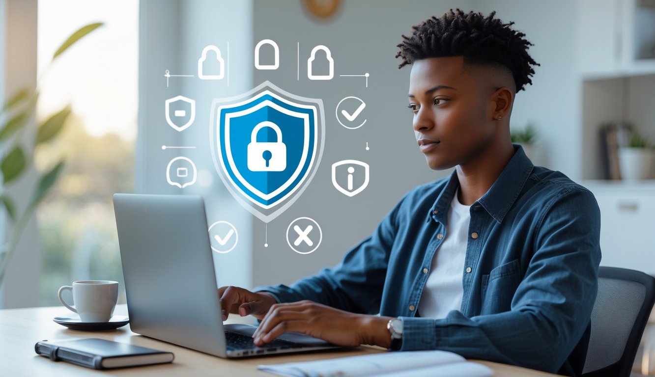 Seorang dewasa muda duduk di meja kerja dengan laptop, menunjukkan fokus dan rasa percaya diri di ruang kerja yang terang dan rapi.