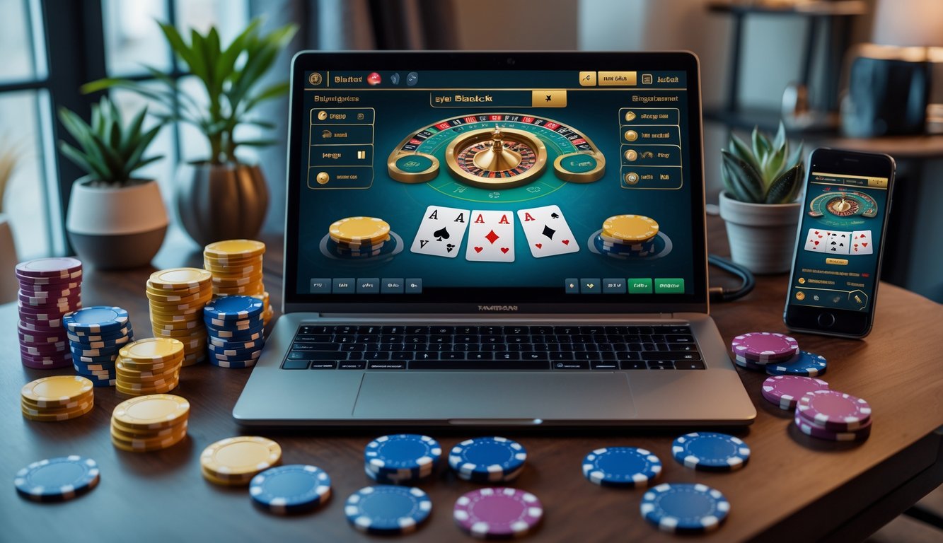 Seorang pemula bermain blackjack online di laptop dengan tumpukan chip poker di meja dan suasana ruang kerja yang nyaman.