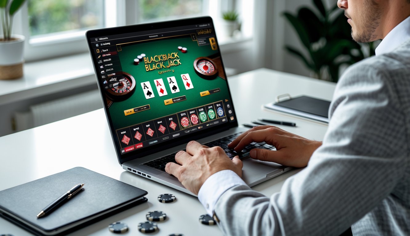 Seseorang sedang bermain blackjack online di laptop di ruang kerja modern dengan kartu dan chip terlihat jelas.