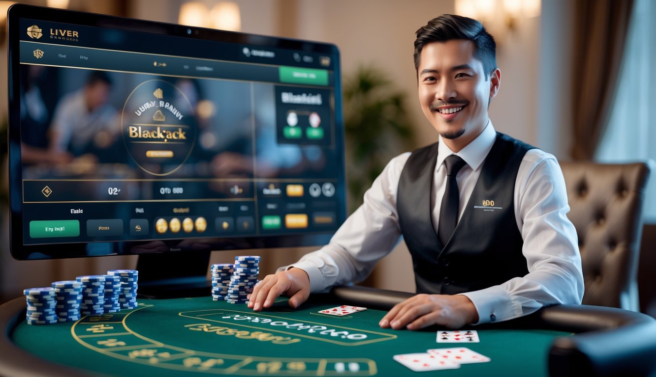 Seorang dealer profesional sedang menjalankan permainan blackjack online dengan antarmuka kasino virtual di layar komputer.