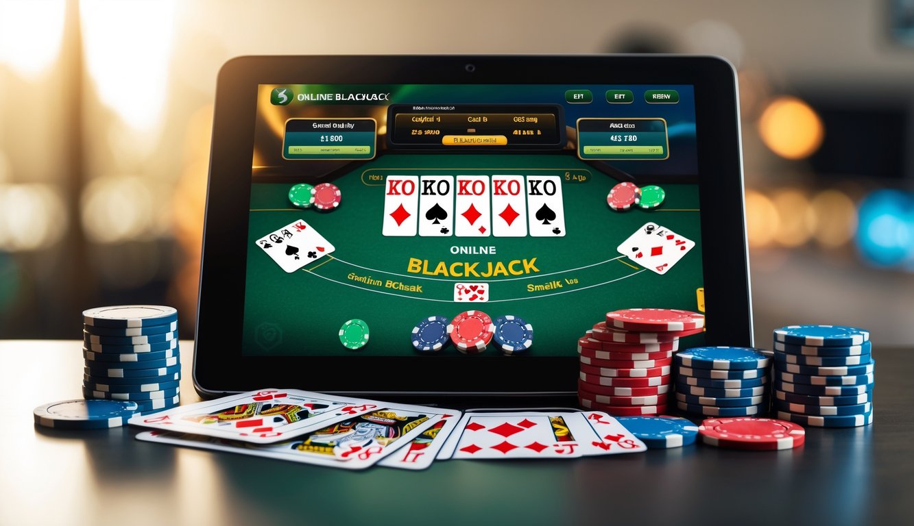 Seorang pemain blackjack online menggunakan laptop dengan kartu dan chip poker di meja, menunjukkan permainan blackjack dengan modal kecil.