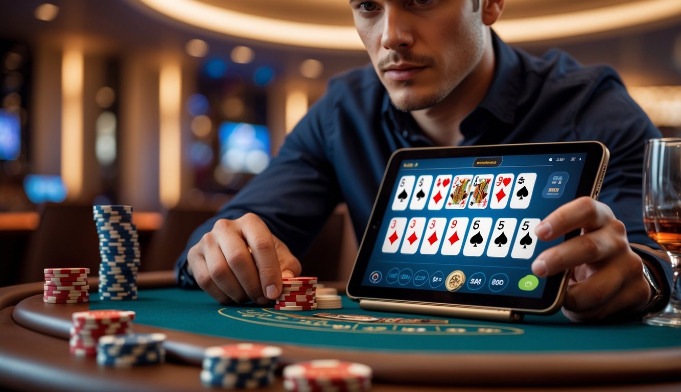 Seorang pria muda duduk di meja bermain blackjack dengan tablet digital di dalam ruangan yang nyaman dan modern.