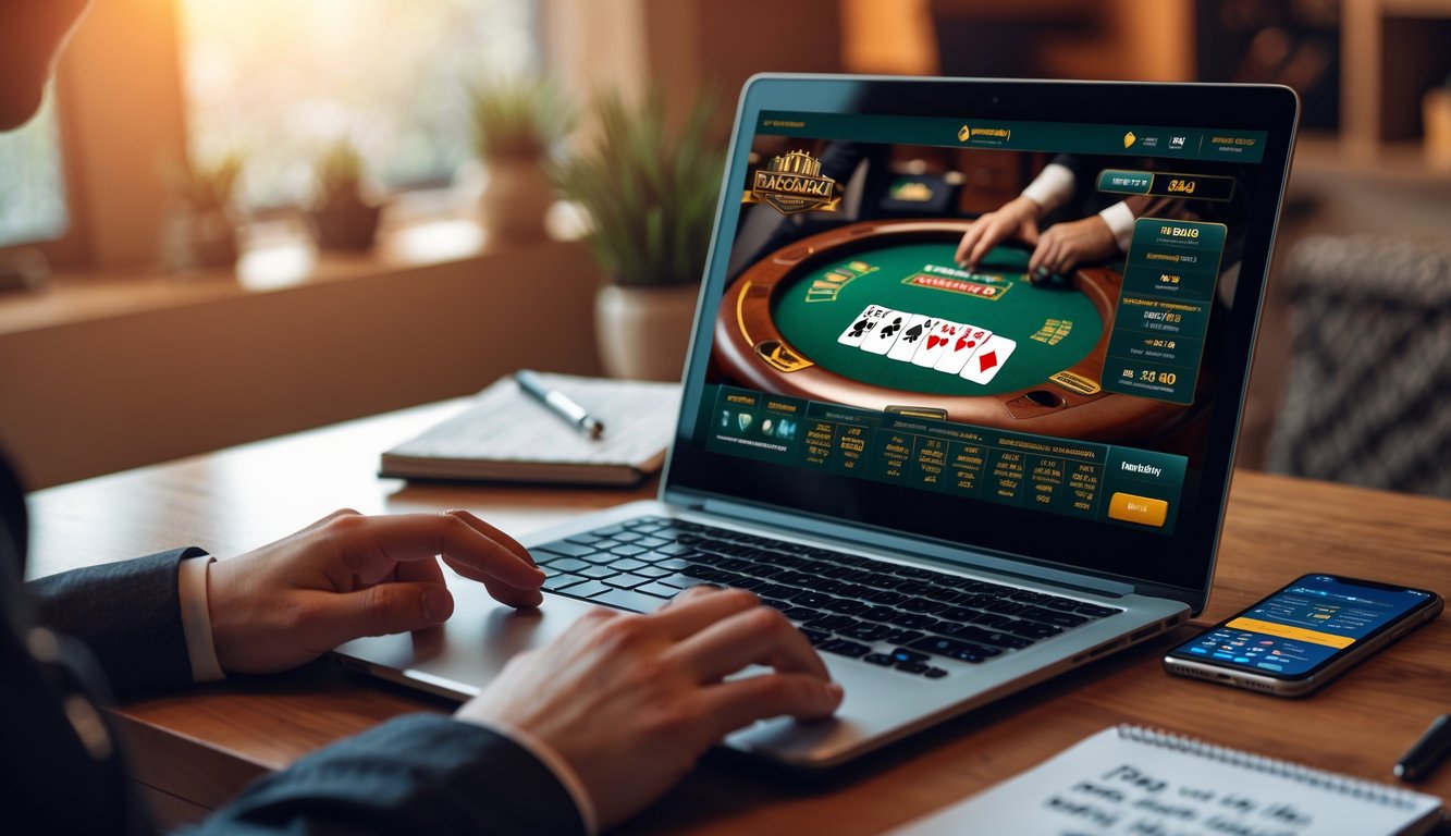 Seseorang bermain blackjack online di laptop dengan meja blackjack dan chip terlihat di layar, di atas meja kayu dengan catatan dan ponsel di sekitar.