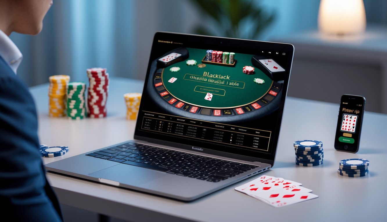 Seorang pria sedang menggunakan laptop dengan tampilan meja blackjack online di layar, dikelilingi oleh chip poker dan kartu bermain di atas meja.