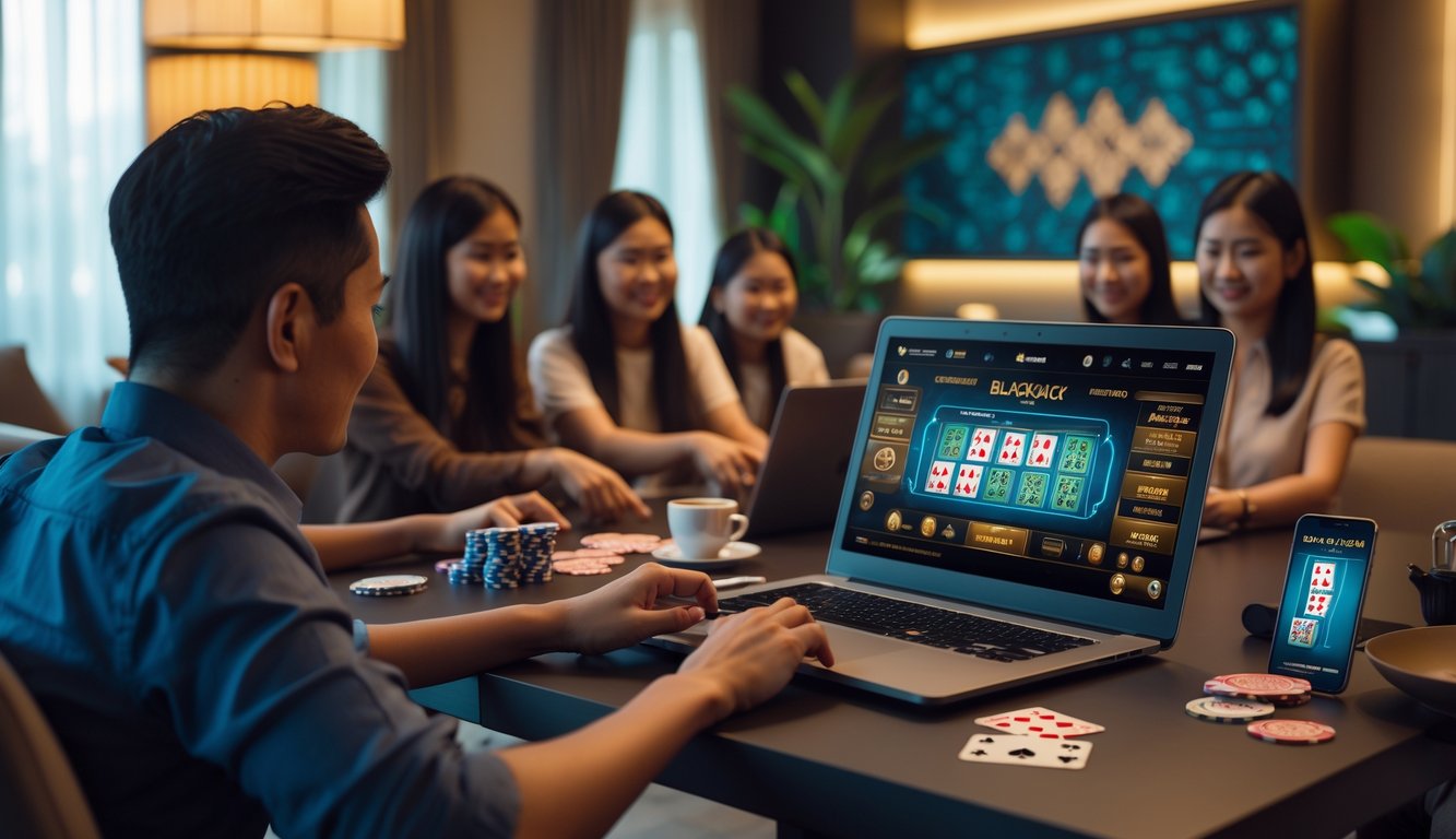 Beberapa pemain Indonesia sedang bermain blackjack online menggunakan laptop dan ponsel di ruang tamu yang nyaman.