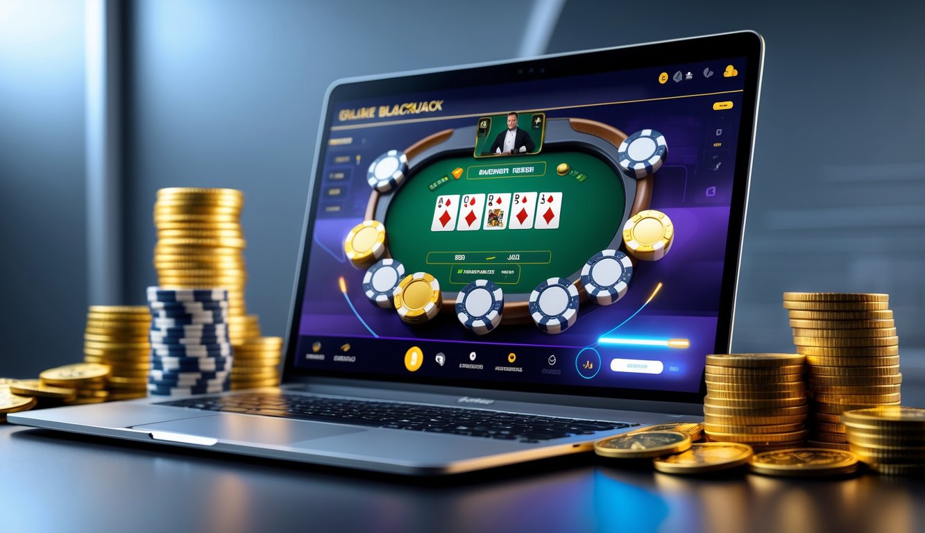 Seorang pemain sedang bermain blackjack online di komputer dengan tumpukan chip dan koin di sekitarnya, menunjukkan suasana permainan dan hadiah besar.