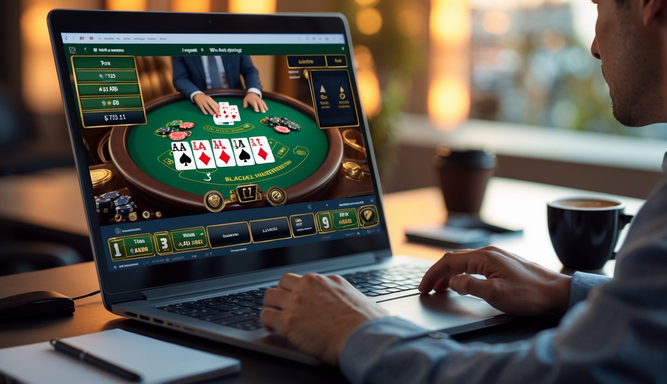 Seorang pemain dewasa sedang fokus bermain blackjack online di depan komputer dengan kartu dan chip terlihat di layar.