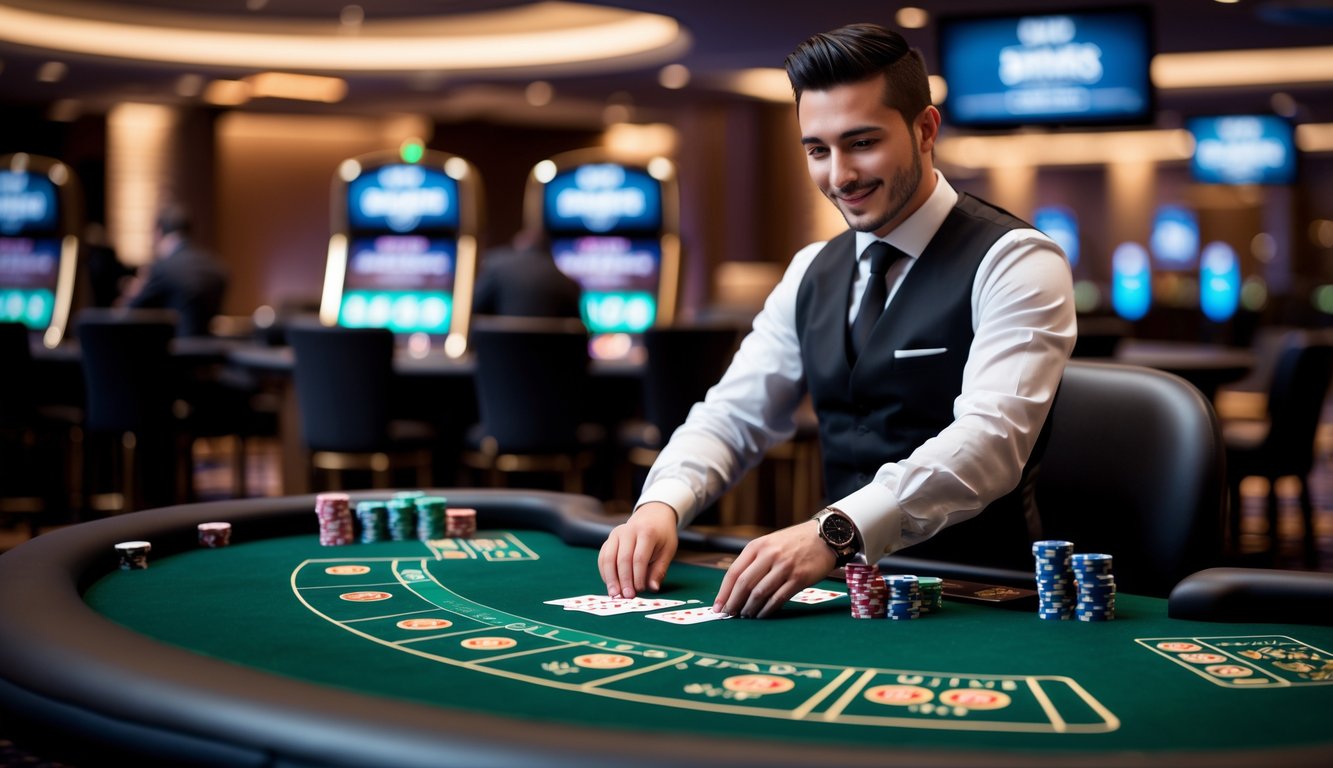 Seorang dealer live blackjack sedang membagikan kartu di meja hijau dengan suasana kasino di latar belakang.