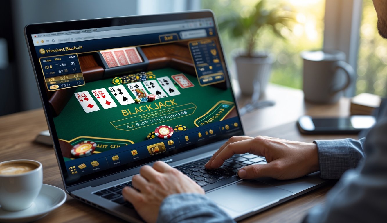 Seseorang sedang bermain blackjack online di laptop di ruang kerja rumah yang terang dan nyaman.