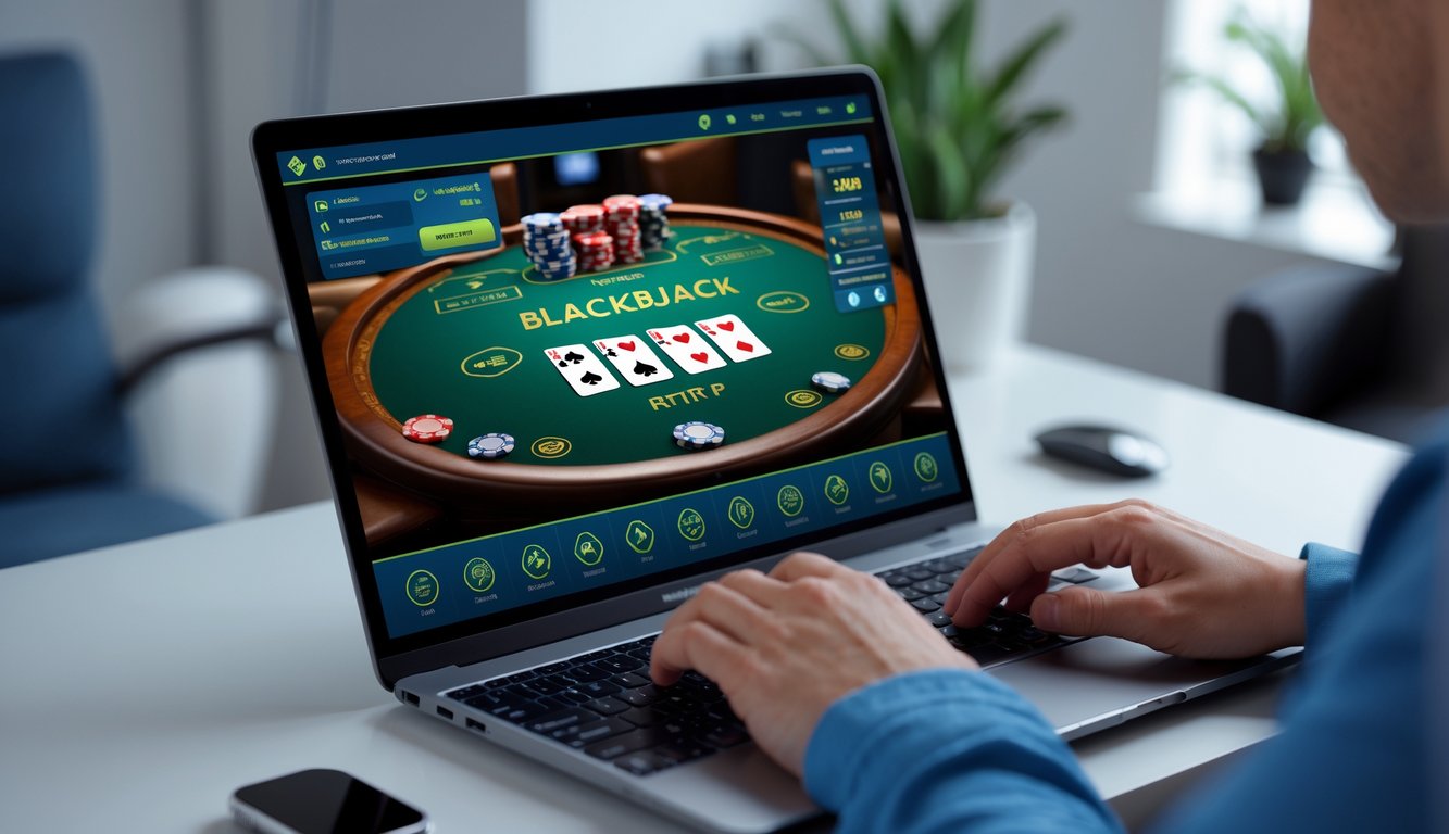 Seorang pemain sedang bermain blackjack online di laptop dengan meja permainan dan kartu terlihat di layar.