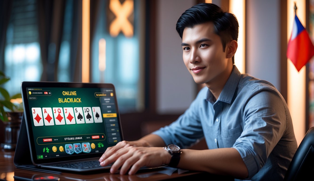 Seorang pemain muda duduk di depan laptop dengan permainan blackjack online yang terlihat di layar, di meja terdapat chip dan kartu, dengan latar belakang yang menunjukkan elemen dekorasi khas Indonesia.