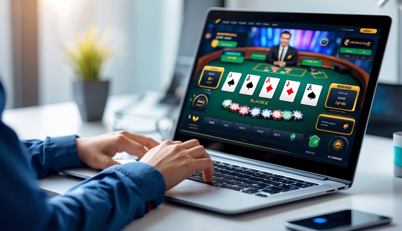 Seorang pemain menggunakan laptop untuk bermain blackjack online dengan tampilan permainan kartu dan chip di layar.