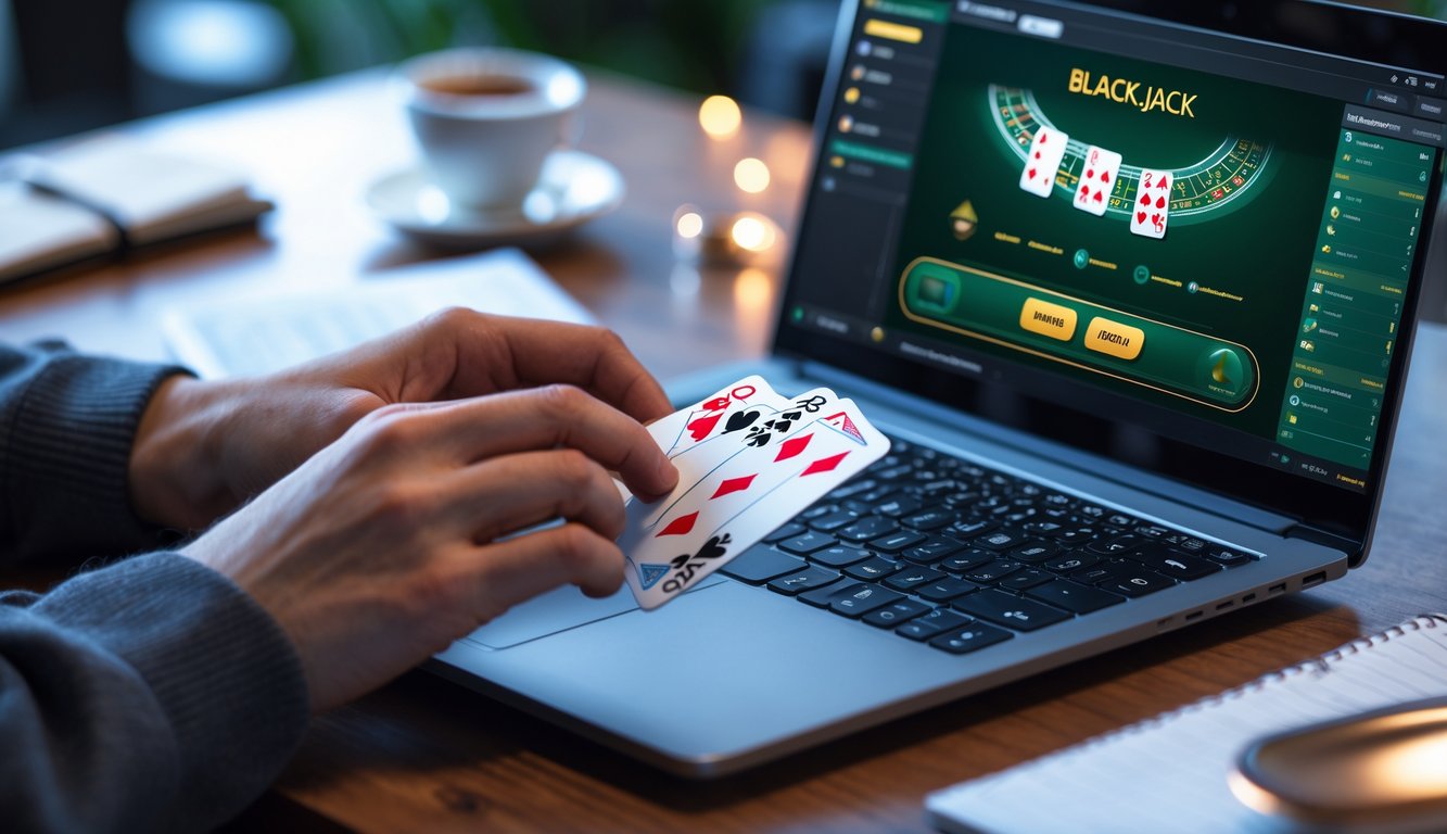 Seseorang bermain blackjack online di laptop dengan kartu di tangan dan catatan strategi di meja.