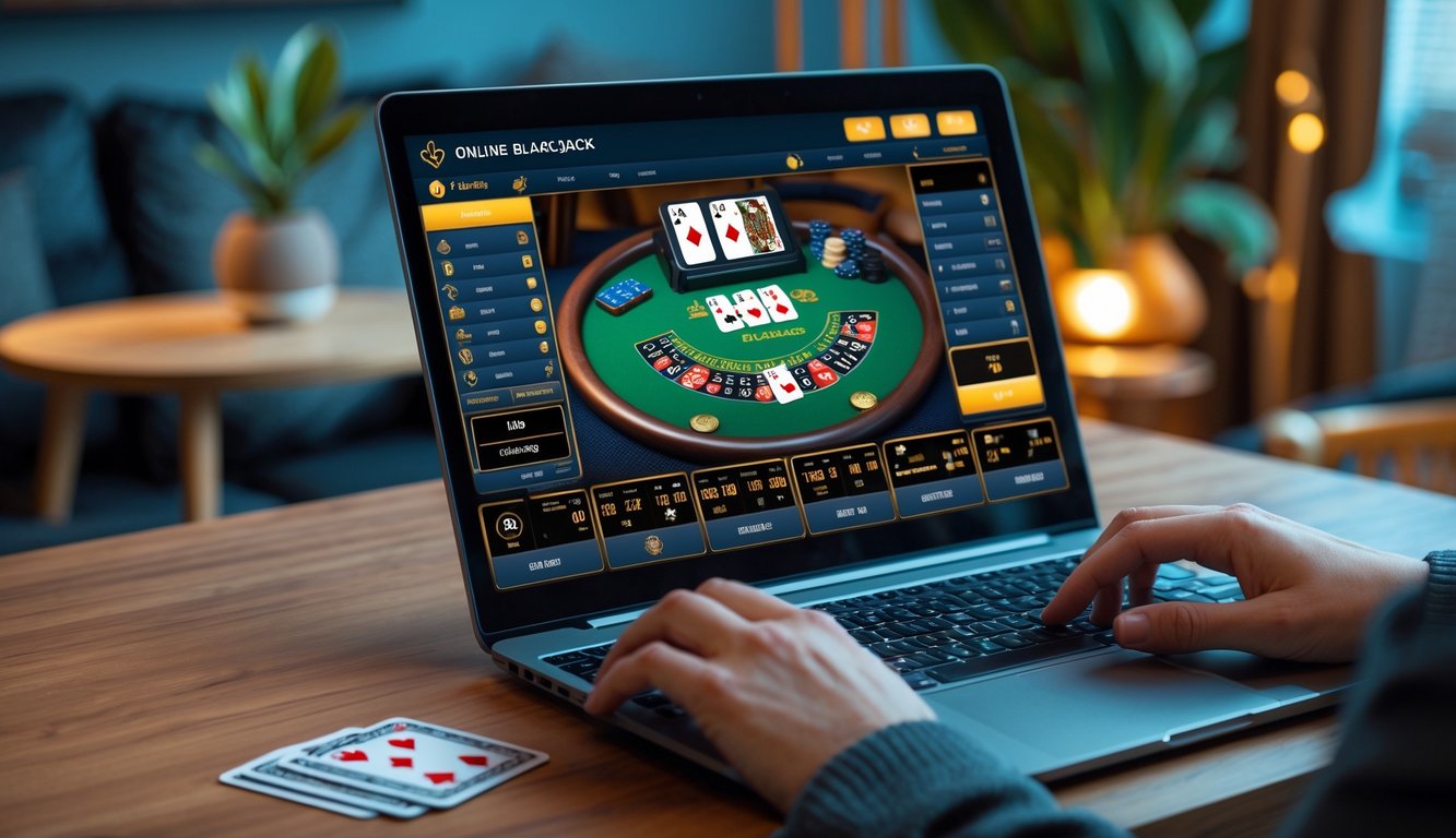 Seseorang bermain blackjack online di komputer dengan suasana ruangan yang nyaman dan terang.