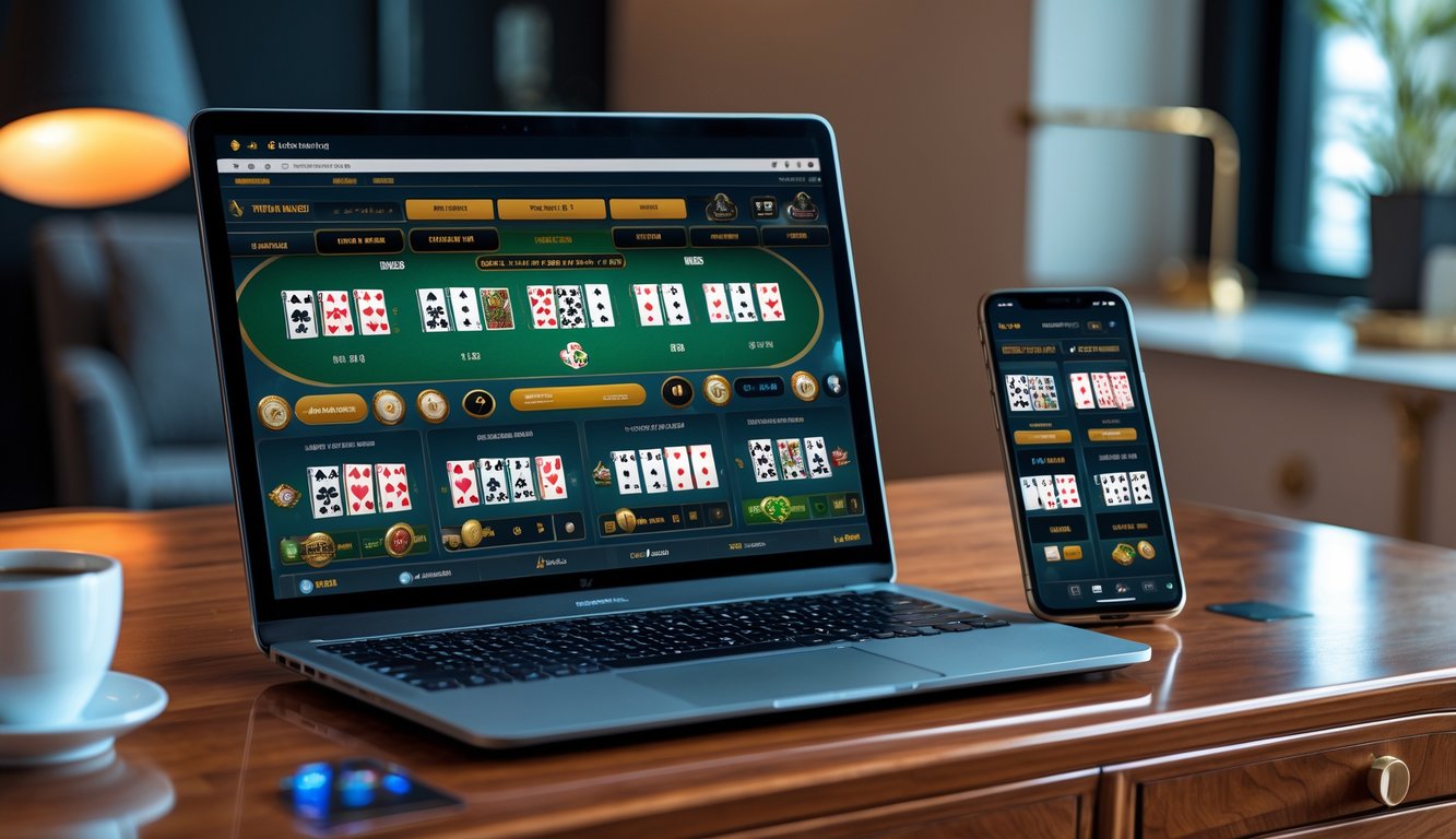 Layar laptop dan ponsel menampilkan beberapa meja blackjack online dengan pilihan taruhan yang berbeda di atas meja kayu.