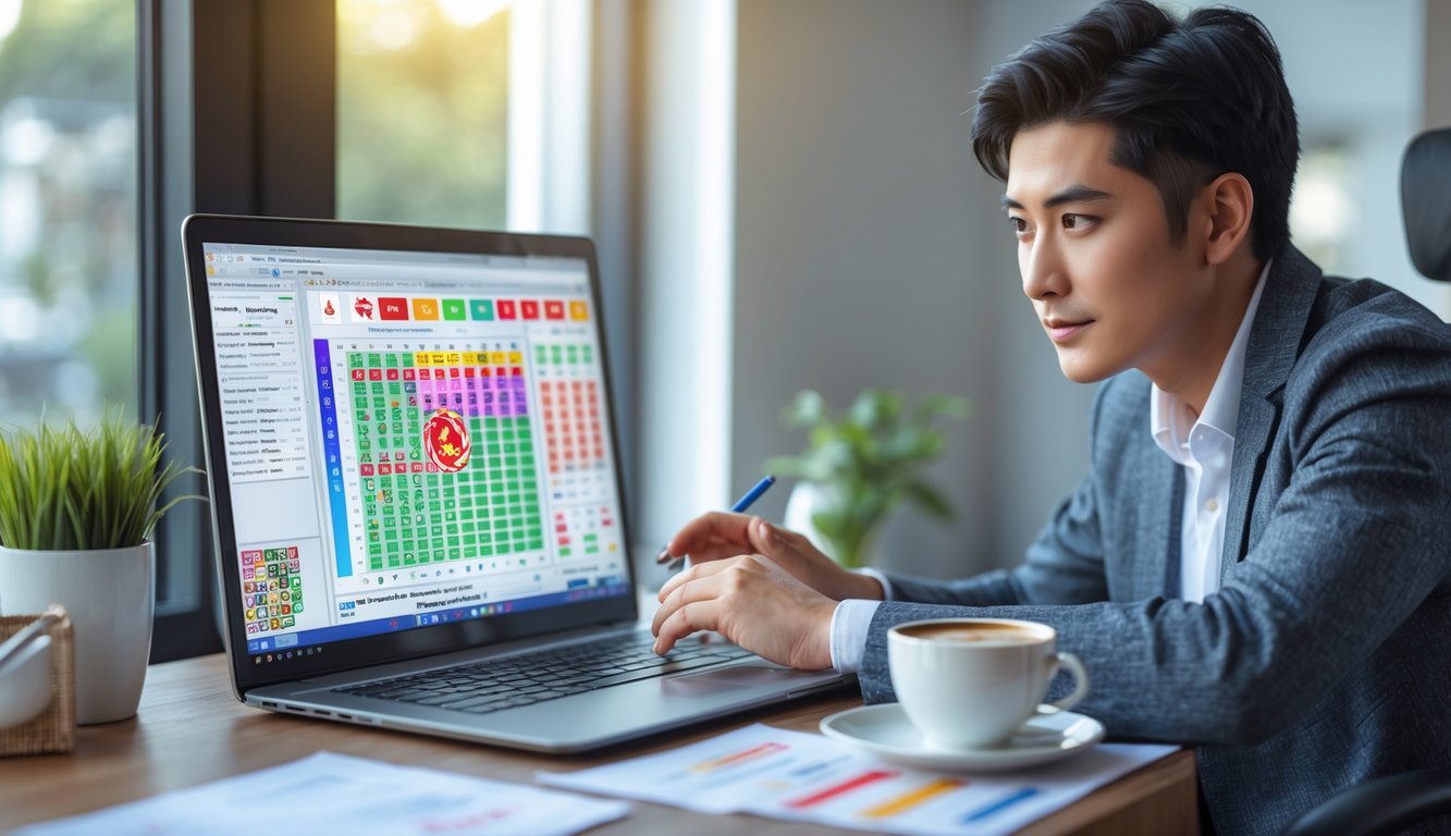 Seorang pemain pemula sedang duduk di depan laptop di ruang kerja rumah, fokus menganalisis data prediksi togel online dengan simbol shio di layar.