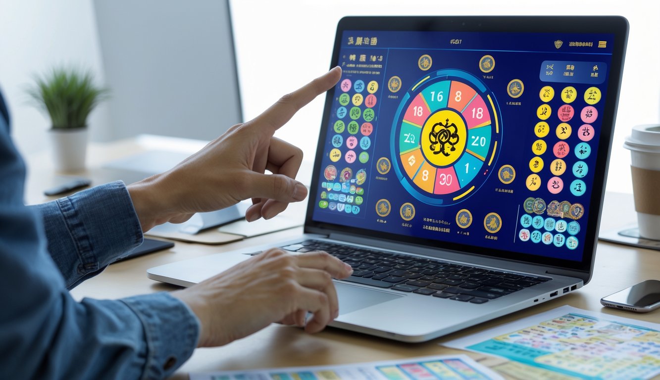 Sebuah meja kerja dengan laptop menampilkan simbol shio dan angka togel, tangan seseorang menunjuk layar, serta catatan dan grafik di sekitar meja.