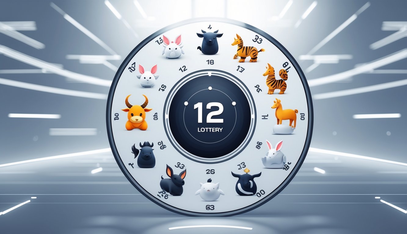 Ilustrasi dua belas hewan zodiak Cina dengan angka terkait dalam tata letak melingkar pada latar belakang digital modern.