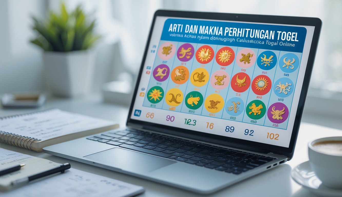 Sebuah laptop di atas meja menampilkan grafik shio dan angka togel dengan alat tulis dan cangkir kopi di sekitarnya.