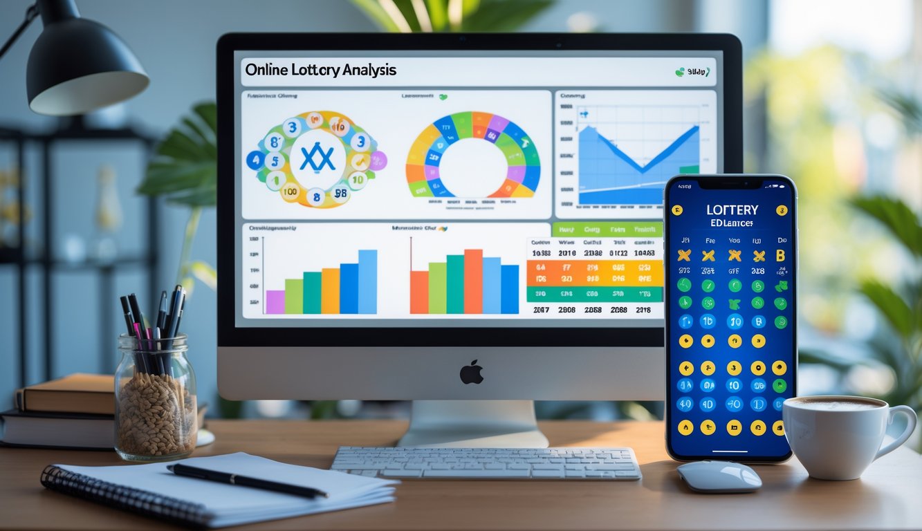 Meja kerja dengan komputer yang menampilkan grafik dan diagram angka berdasarkan shio, dikelilingi oleh alat tulis dan ponsel.