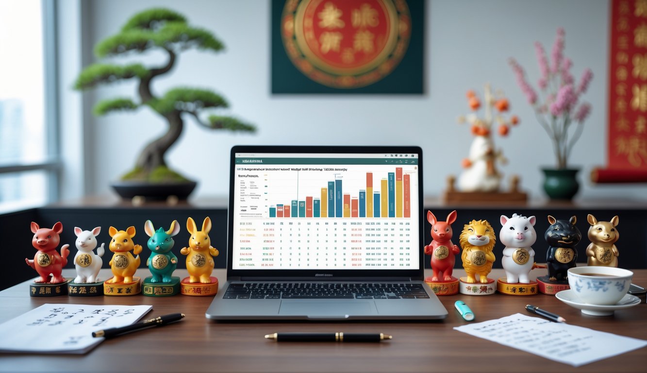 Meja kerja dengan laptop, figurine shio tradisional, catatan, dan cangkir teh di ruang kantor minimalis.