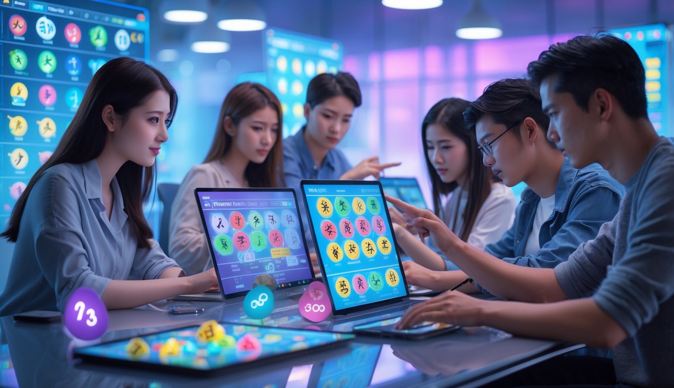 Beberapa orang muda sedang melihat dan berdiskusi di depan layar digital yang menampilkan ikon hewan shio dan angka togel.