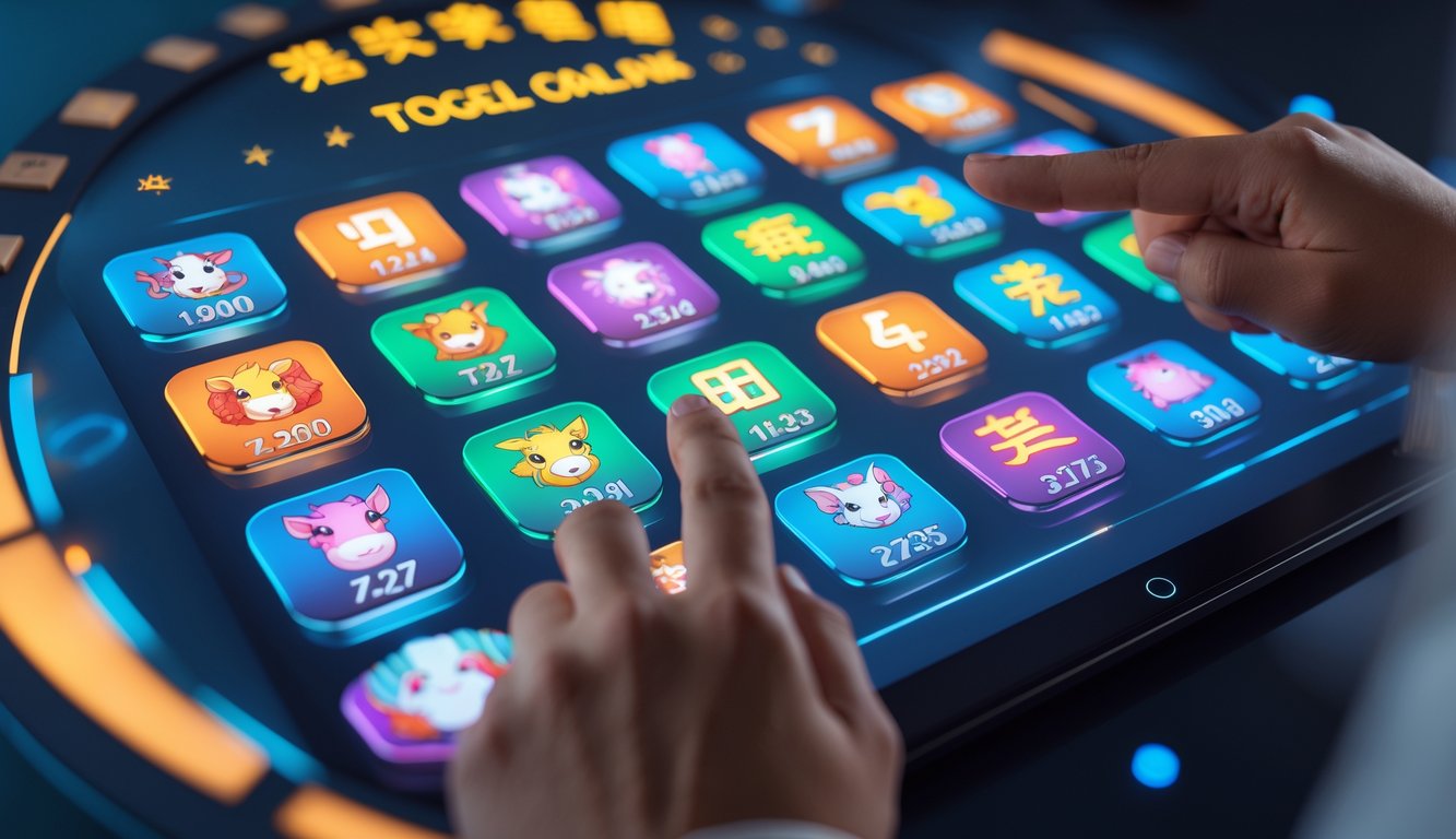 Tangan seseorang memilih tanda zodiak Cina pada layar sentuh dengan ikon hewan dan angka keberuntungan yang berwarna-warni di latar belakang gelap.