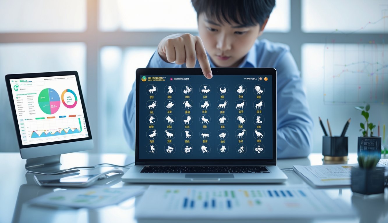 Seorang individu di meja kerja dengan laptop yang menampilkan ikon-ikon shio dan grafik prediksi di layar.