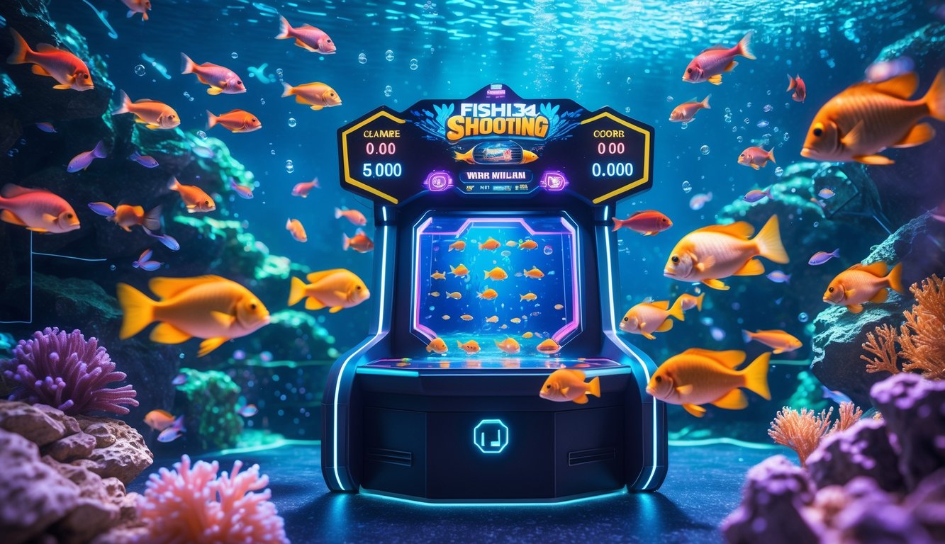 Adegan bawah laut dengan ikan berwarna-warni mengelilingi mesin permainan tembak ikan modern yang menyala dengan lampu neon.