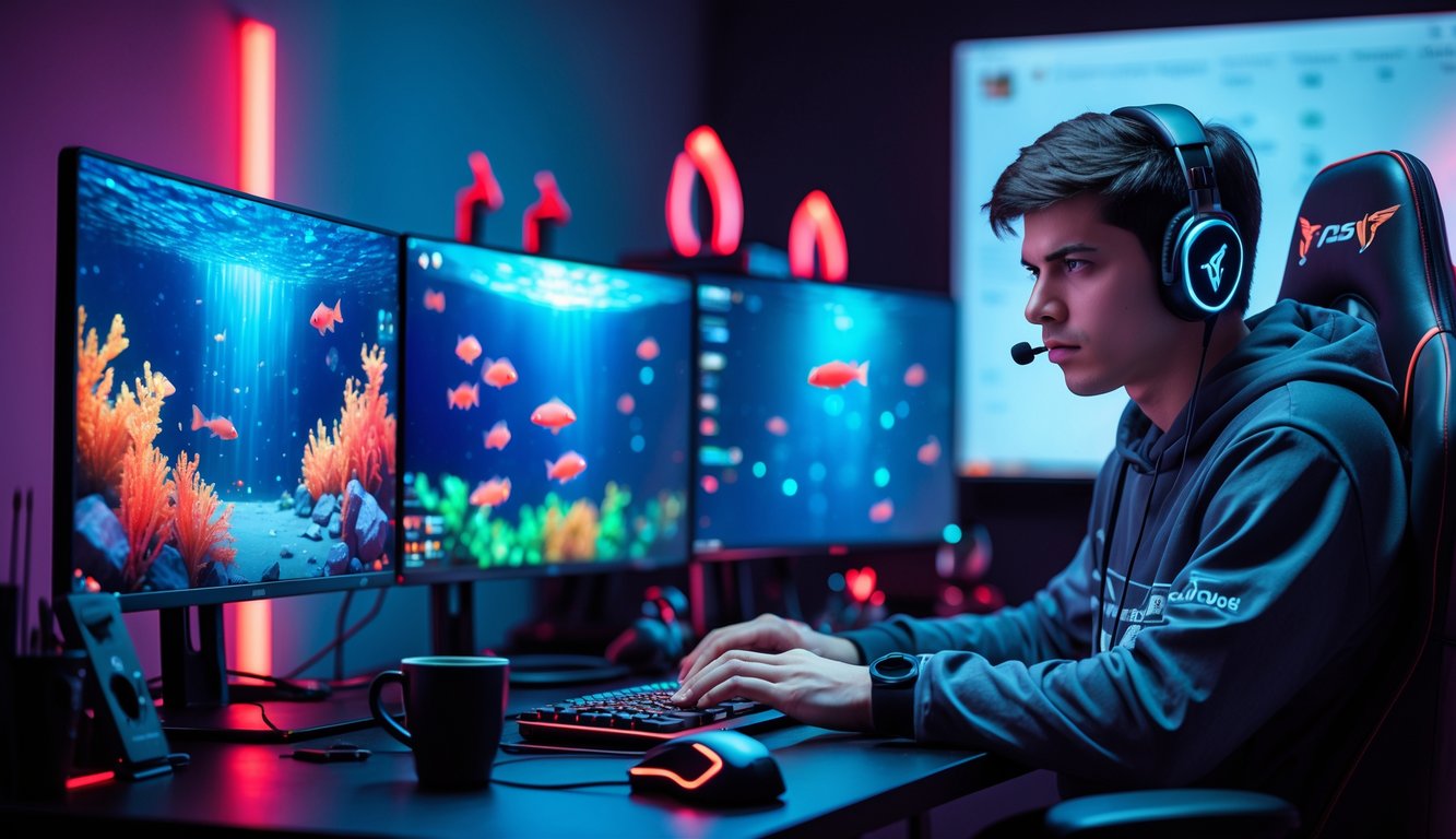 Seorang pemain profesional sedang fokus bermain game tembak ikan di depan beberapa layar komputer dengan suasana ruangan yang gelap dan lampu warna-warni.