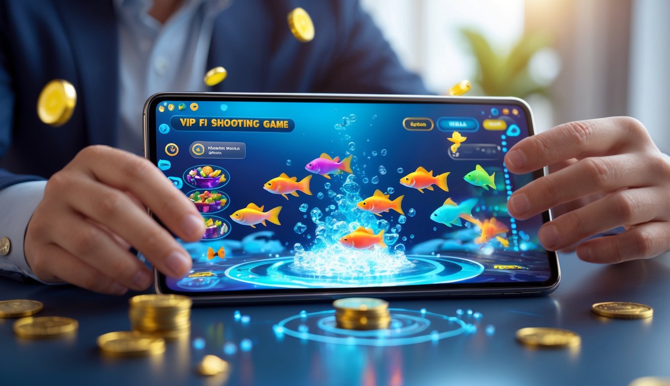 Seseorang sedang bermain permainan menembak ikan di perangkat digital dengan latar belakang warna-warni dan efek air.