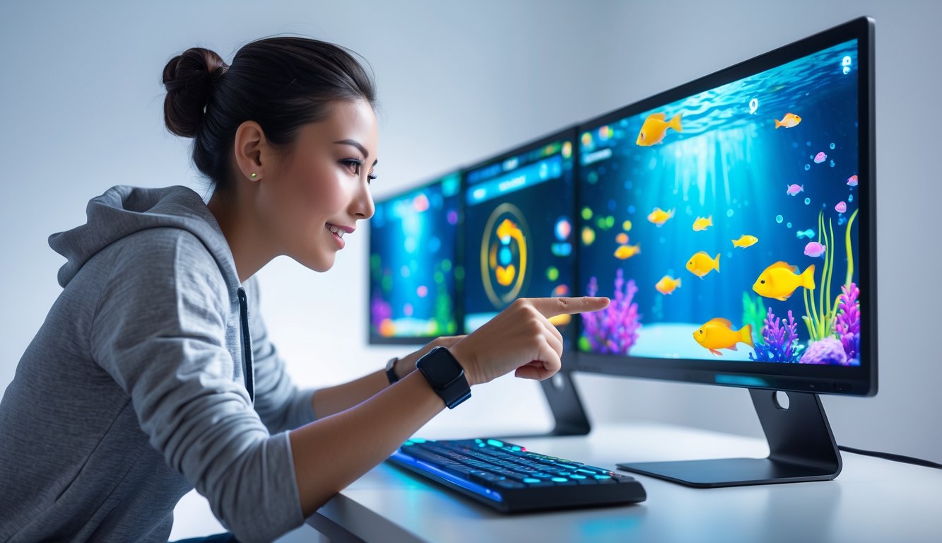 Seorang pemain fokus menggunakan perangkat digital dengan layar menampilkan permainan tembak ikan berwarna-warni di latar bawah laut.