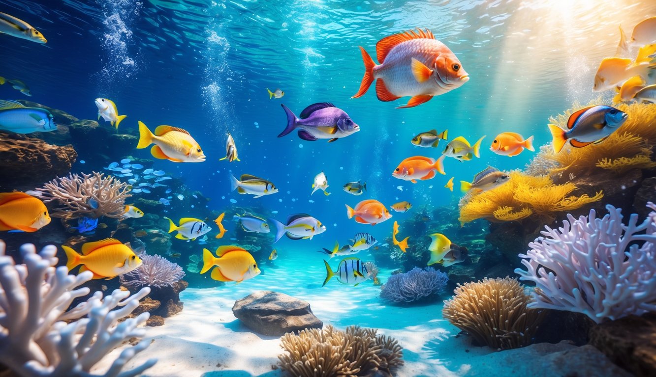 Pemandangan bawah laut dengan ikan berwarna-warni berenang di sekitar terumbu karang yang cerah dan jernih.