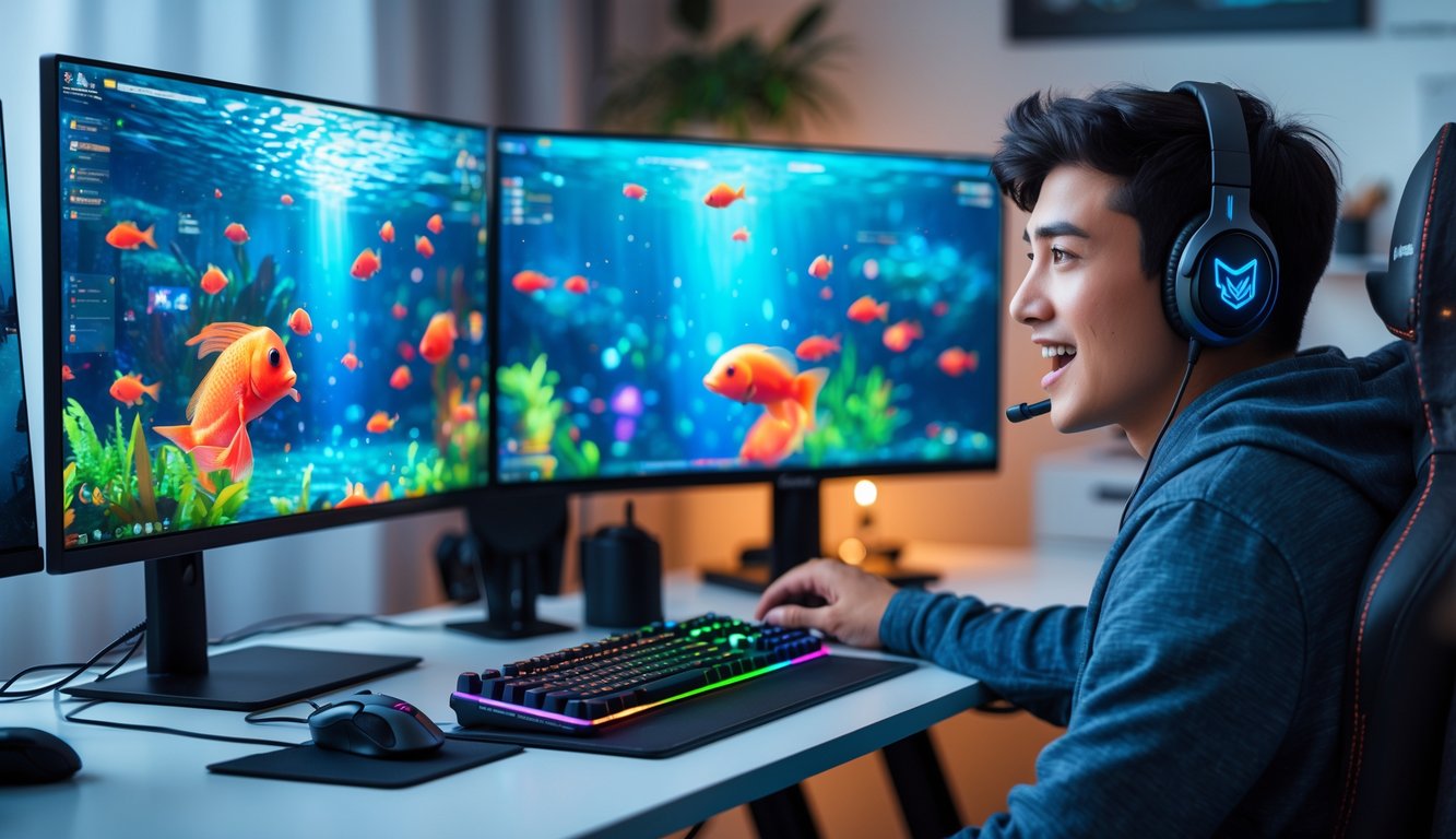Seorang pemain muda sedang fokus bermain permainan tembak ikan di depan beberapa monitor dengan latar bawah laut berwarna-warni.