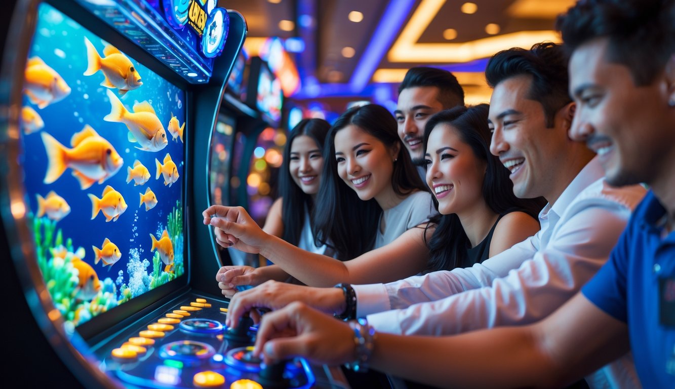 Beberapa pemain sedang asyik bermain mesin judi tembak ikan di area permainan yang terang dan modern.