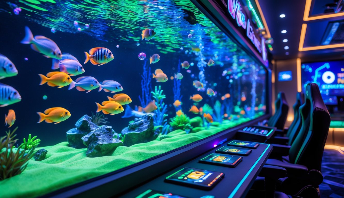 Suasana permainan menembak ikan dengan konsol game modern dan ikan berwarna-warni di akuarium digital.
