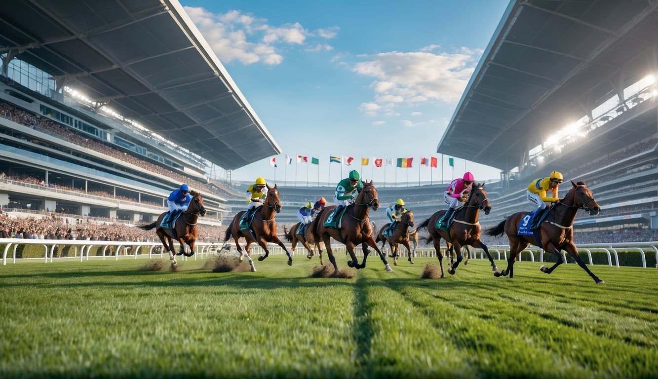Balapan kuda internasional dengan beberapa kuda dan joki berlari di lintasan balap, penonton di tribun, dan bendera berbagai negara berkibar.