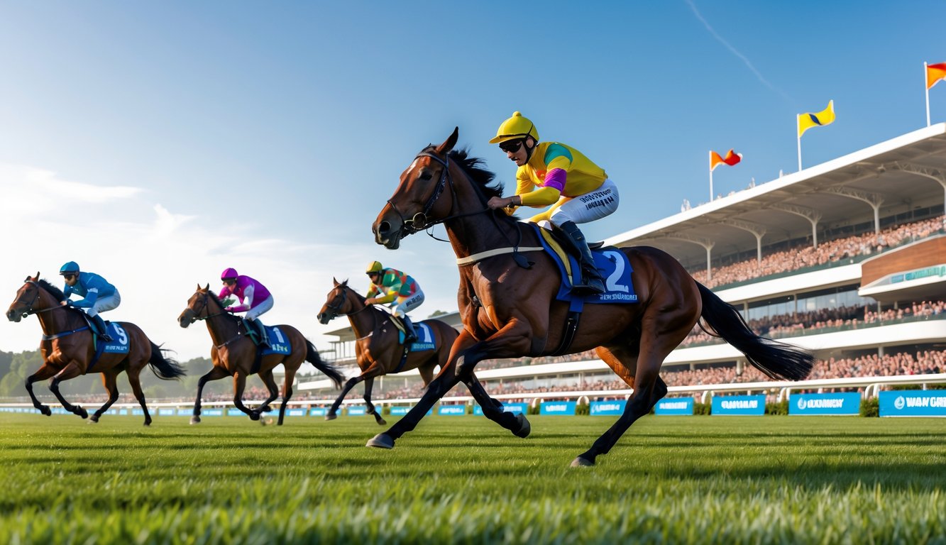 Beberapa kuda pacu dengan joki sedang berlari cepat di lintasan hijau dengan tribun penuh penonton di latar belakang.