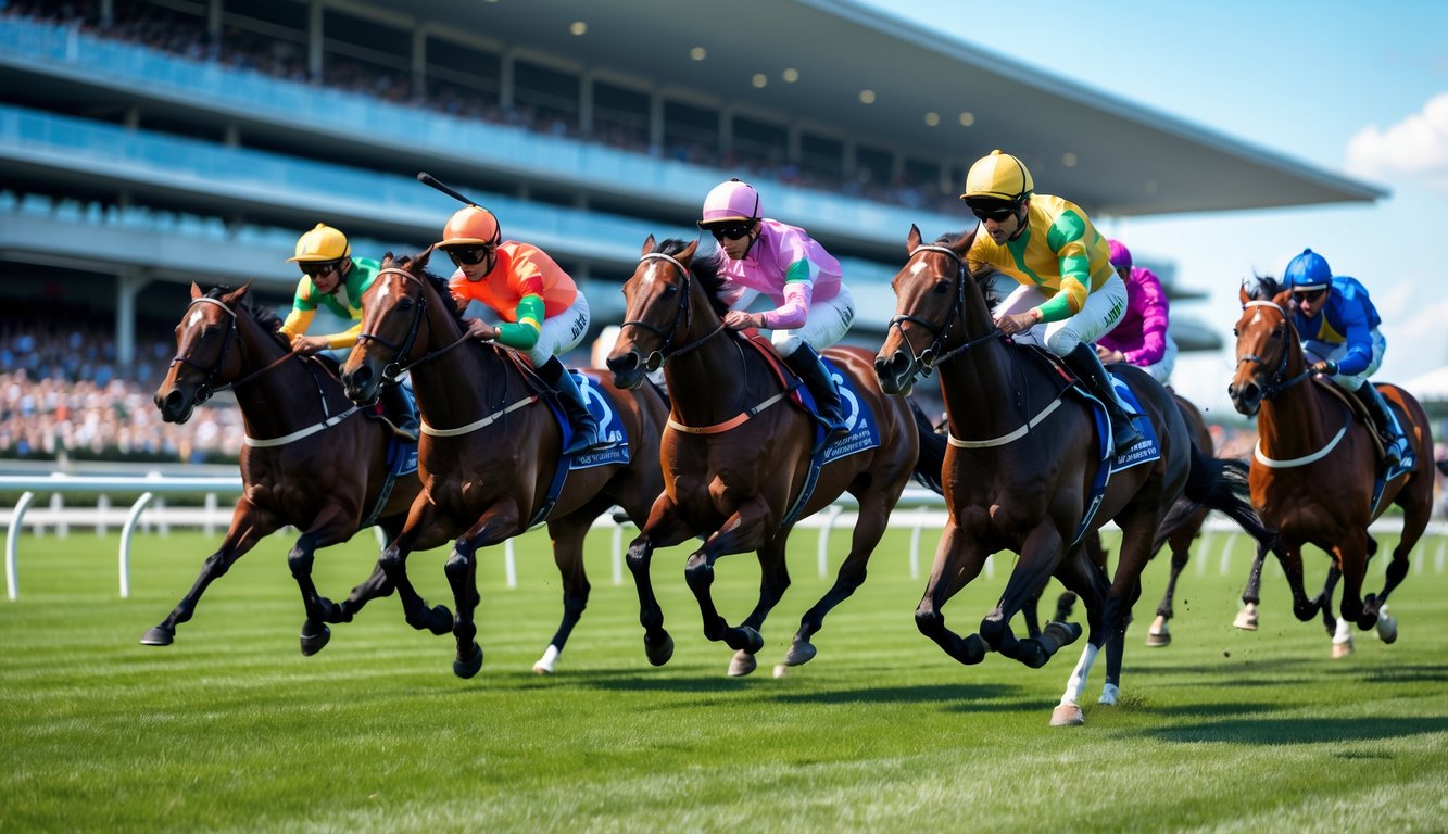 Beberapa kuda pacu unggulan dengan joki terbaik berlari kencang di lintasan balap, dikelilingi oleh penonton di tribun.