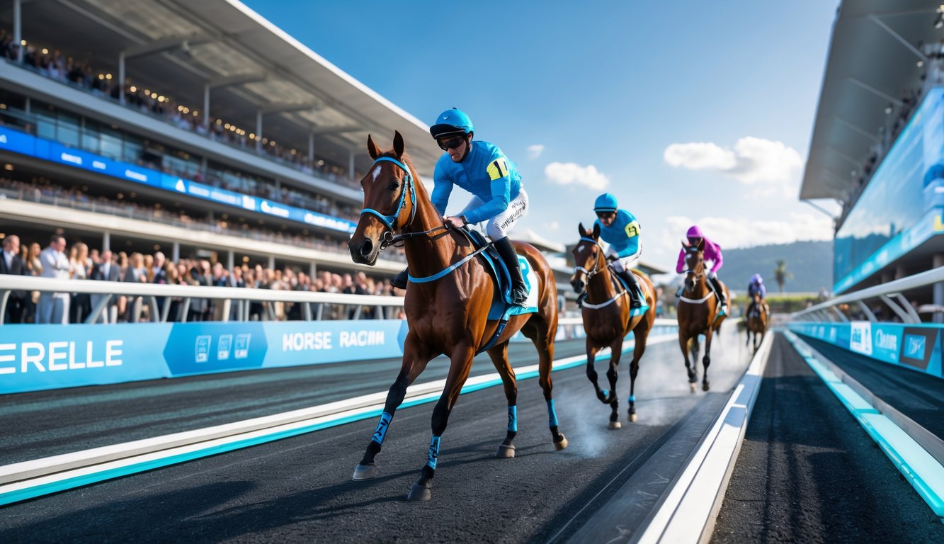 Balapan kuda futuristik dengan joki memakai perlengkapan teknologi canggih di lintasan modern dengan penonton di tribun.