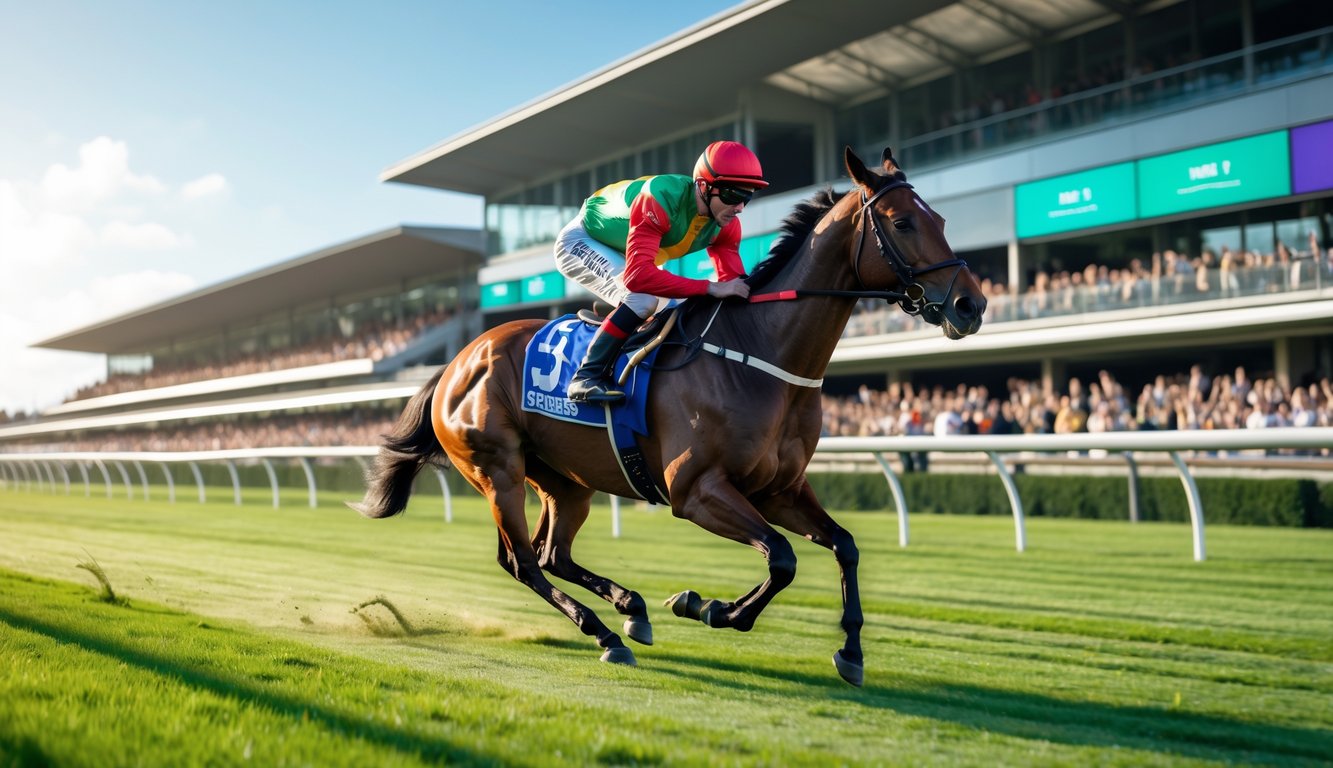 Seekor kuda pacuan berlari cepat di lintasan dengan joki yang fokus, latar belakang tribun penonton dan langit cerah.