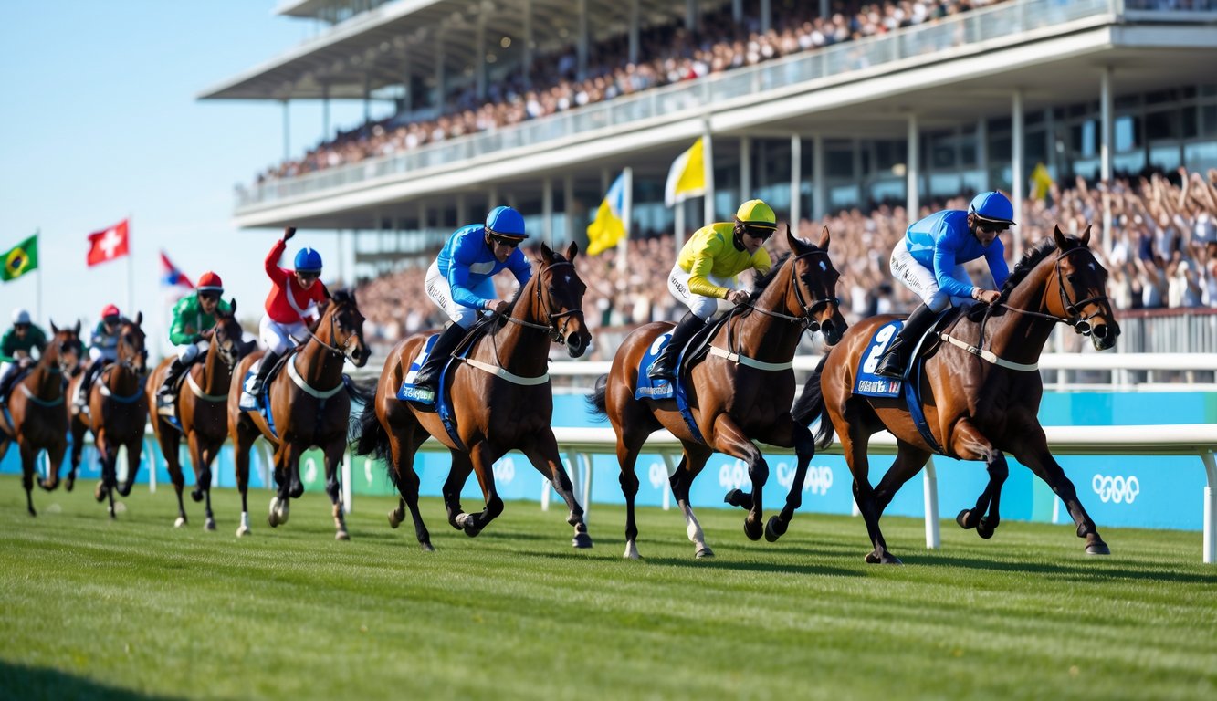Sejumlah joki menunggang kuda pacu di lintasan hijau dengan penonton dan bendera berbagai negara di latar belakang.