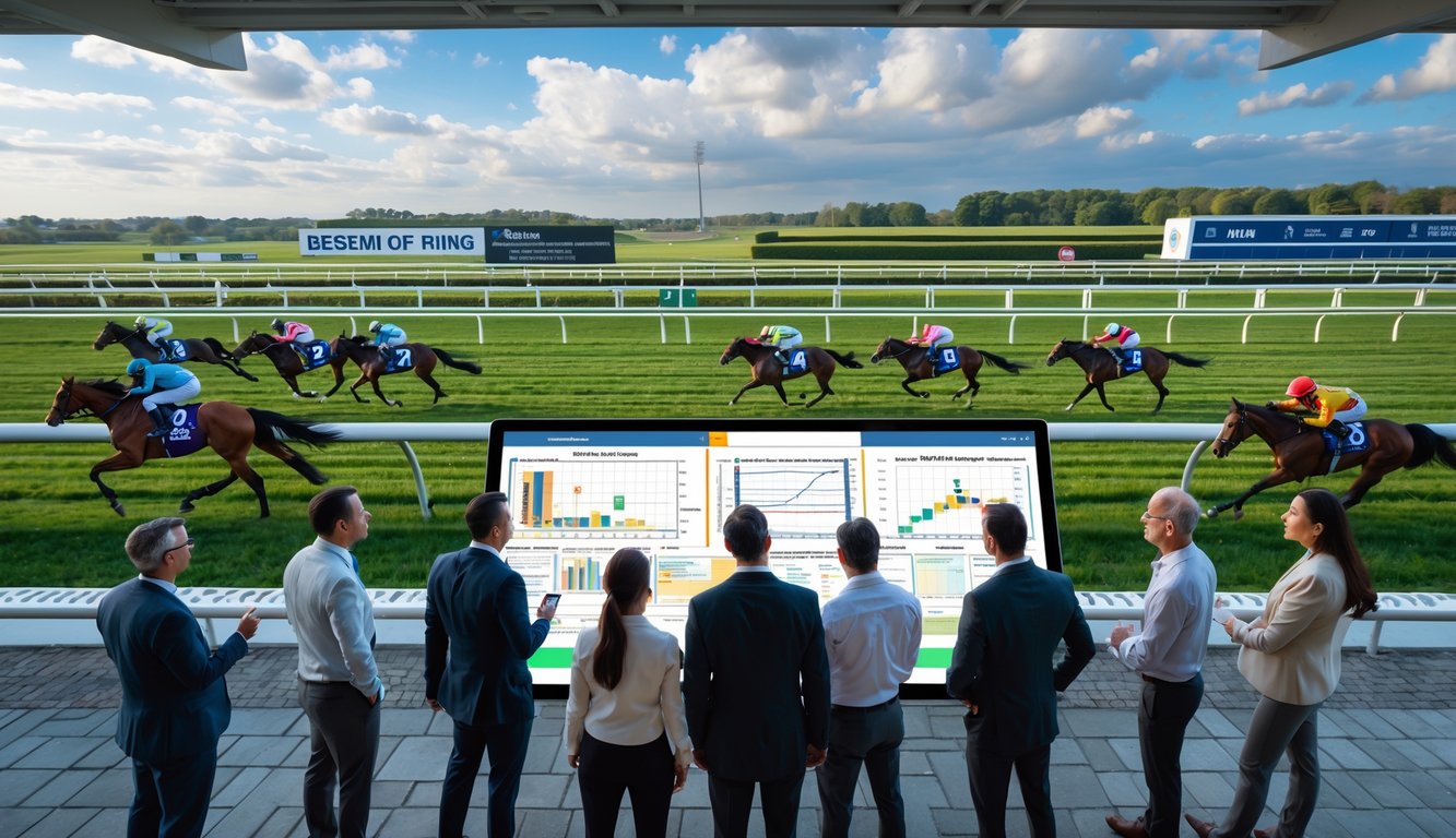 Beberapa joki menunggang kuda di lintasan balap dengan sekelompok analis yang berdiskusi di depan layar digital yang menampilkan grafik dan peta trek di bawah langit cerah dengan awan.