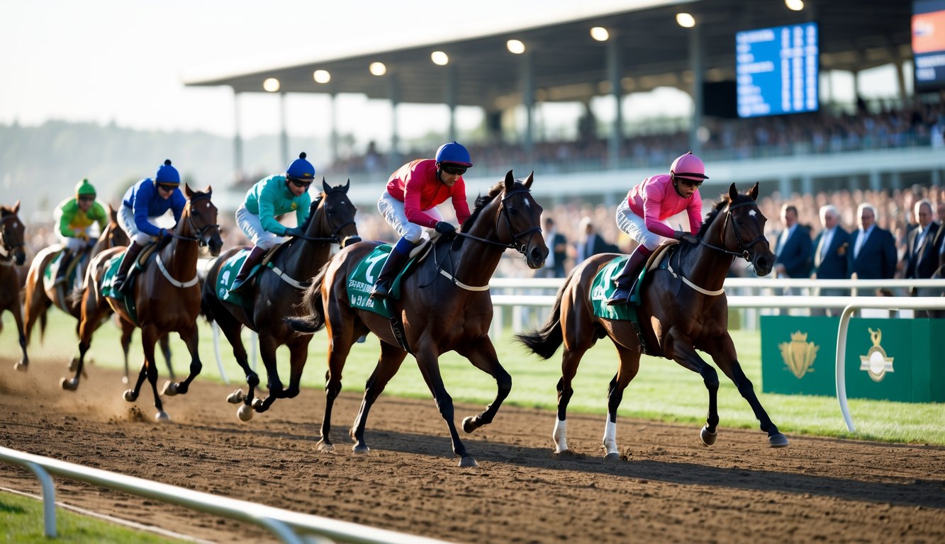 Sekelompok joki menunggang kuda berlari cepat di lintasan balap dengan penonton yang antusias di sekelilingnya.