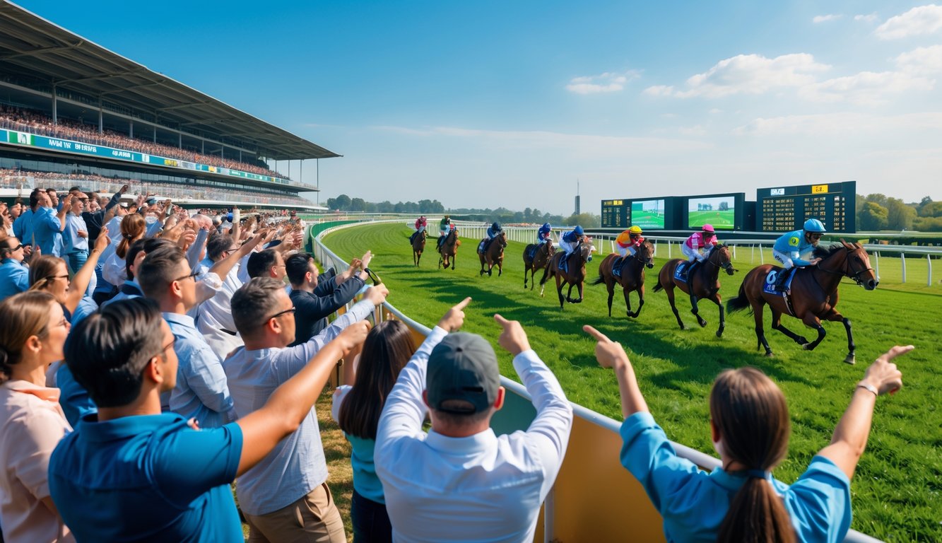 Sekelompok penggemar baru menonton balap kuda dengan antusias di arena balap yang modern.