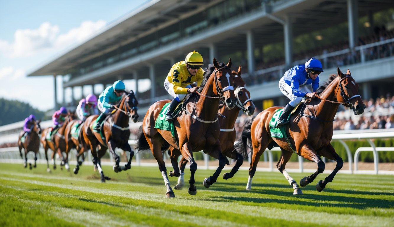 Balapan kuda dengan joki yang berkuda kencang di lintasan hijau dengan penonton di tribun dan langit cerah.