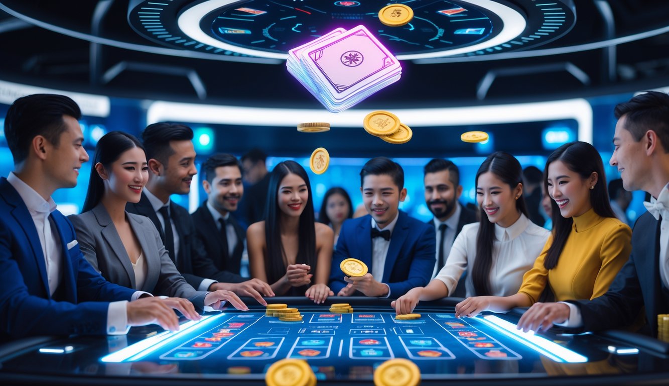 Beberapa orang sedang bermain baccarat online di meja digital dengan kartu dan chip holografik di kasino modern.