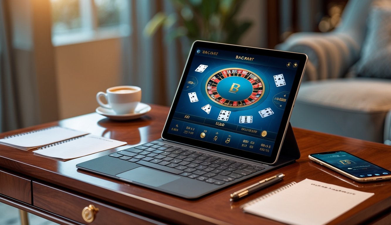 Seorang pemain pemula menggunakan laptop untuk bermain baccarat online di meja kayu dengan suasana ruangan yang nyaman.