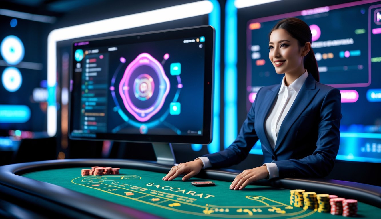 Seorang dealer langsung yang mengenakan jas rapi duduk di depan meja baccarat digital modern dengan grafik holografik dan elemen teknologi canggih.